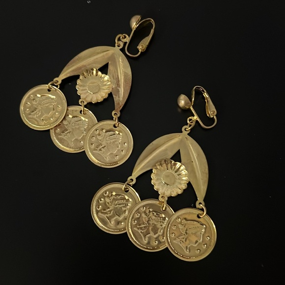 Vintage Etruscan Gold Ancient Coin Chandelier Drop Clip Ons Earrings - Picture 9 of 10